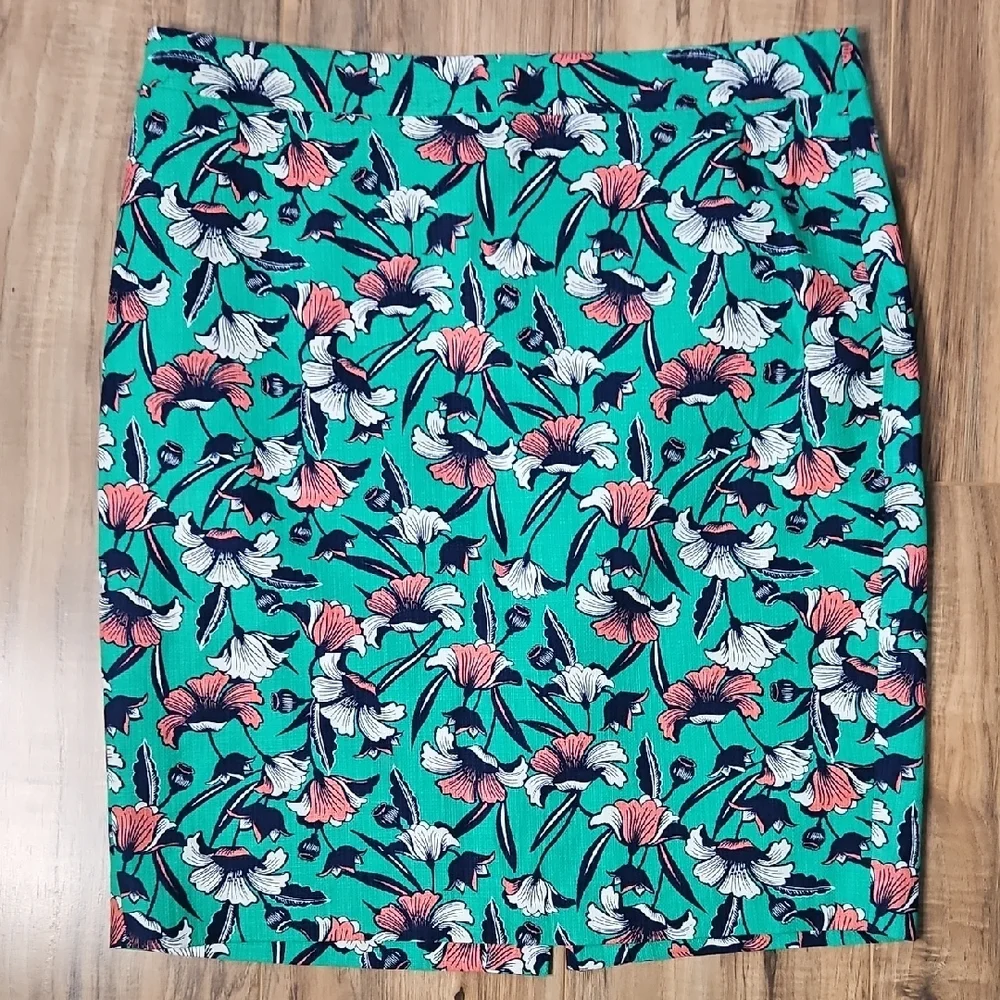 J. By J. Crew Women's Twill Floral Teal Pencil Skirt 12
